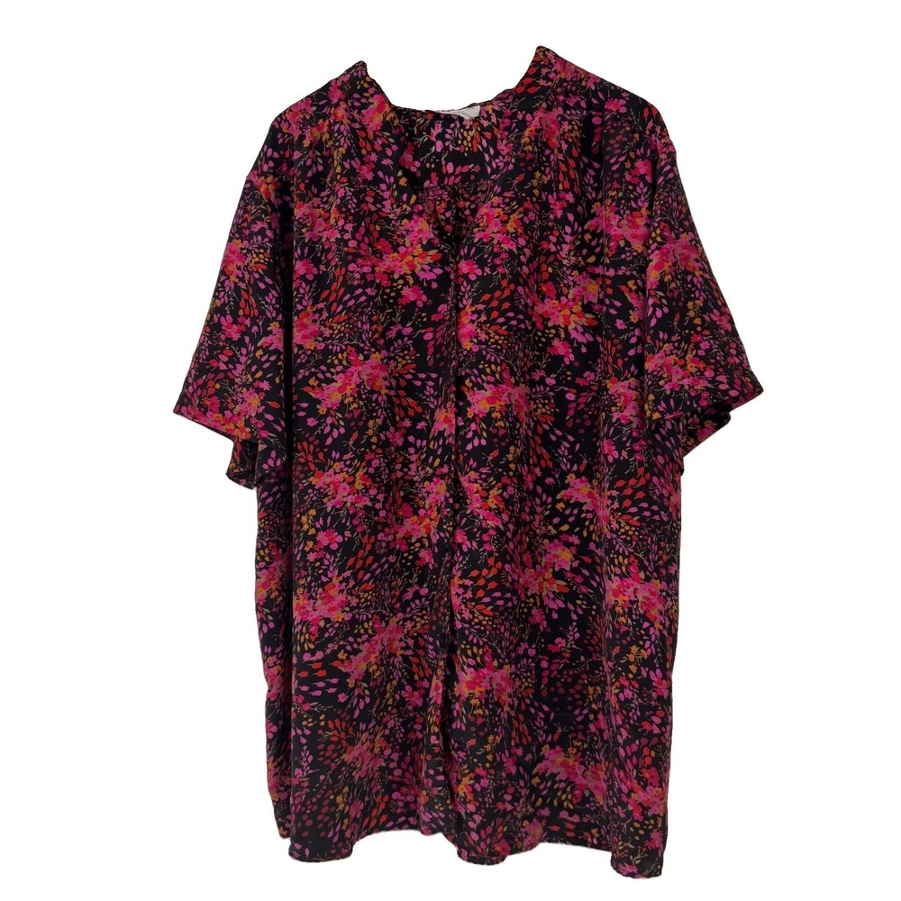A Personal Touch Blouse Womens 5X Plus Black Pink Floral Button Front Tunic Top